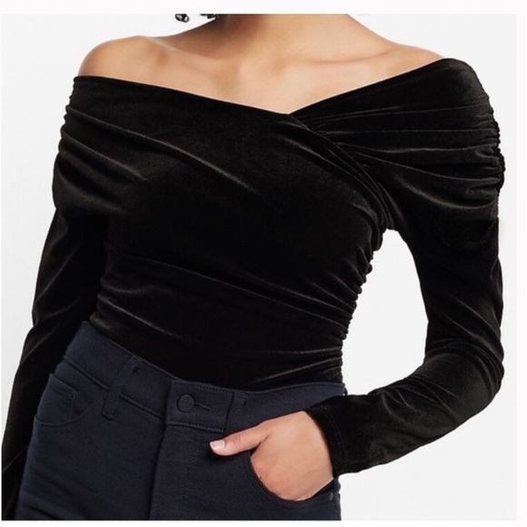 Express Tops - Express Body Contour Asymmetrical Long Sleeve Velvet Bodysuit